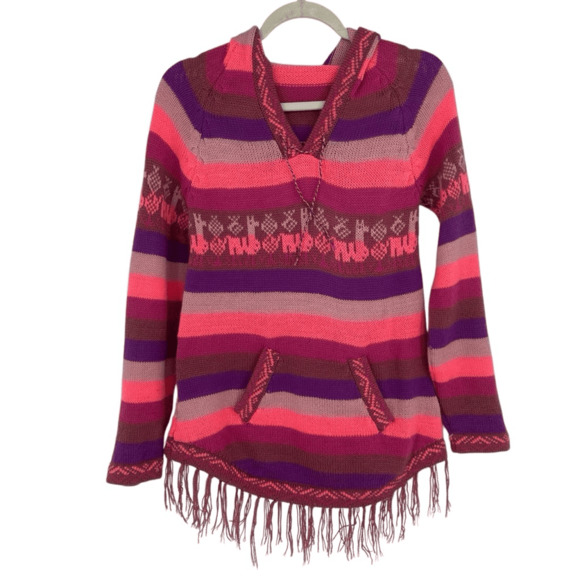 Alpaca Wool Youth XL Sweater Hooded Pink Striped Fringe Hem Pockets Made in Peru - Picture 1 of 12